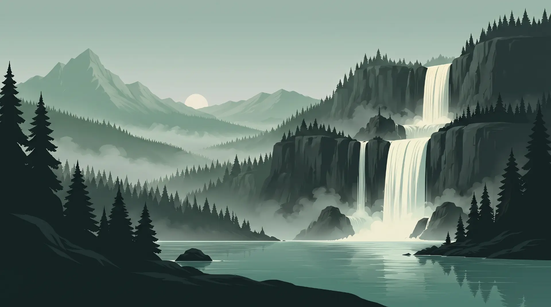 Illustration of a waterfall cascading down layered cliffs