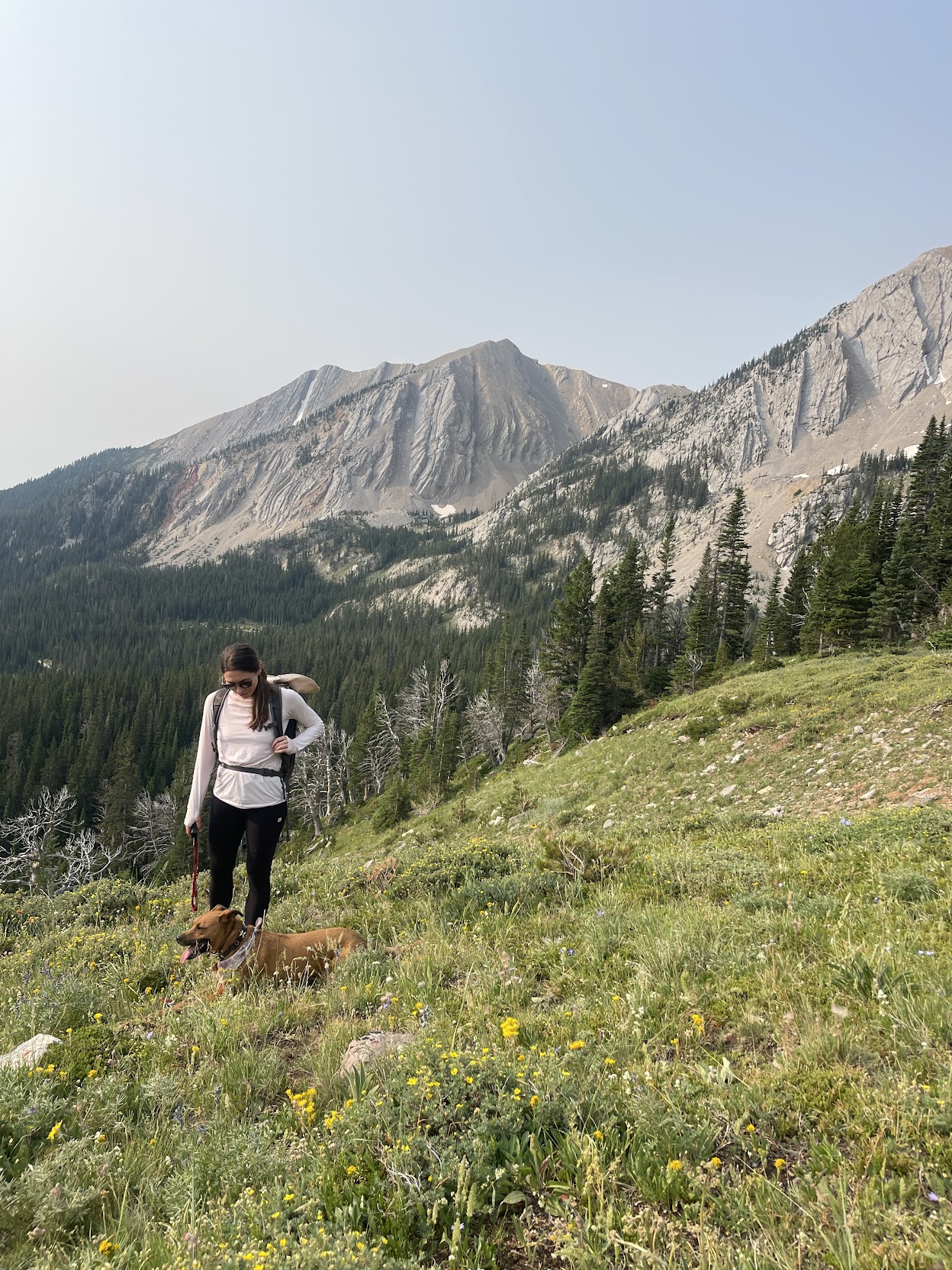 Lindsay Burke hiking down a mountain slope with her dog