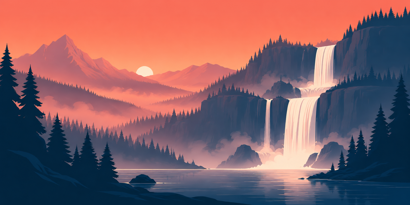 Illustration of a waterfall cascading down layered cliffs