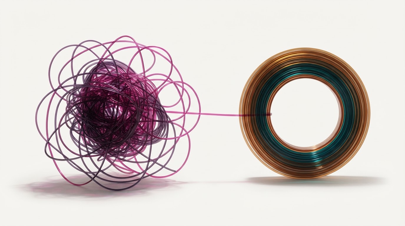 Tangled pink and purple wires unravelling through one strand into an orderly coiled spool